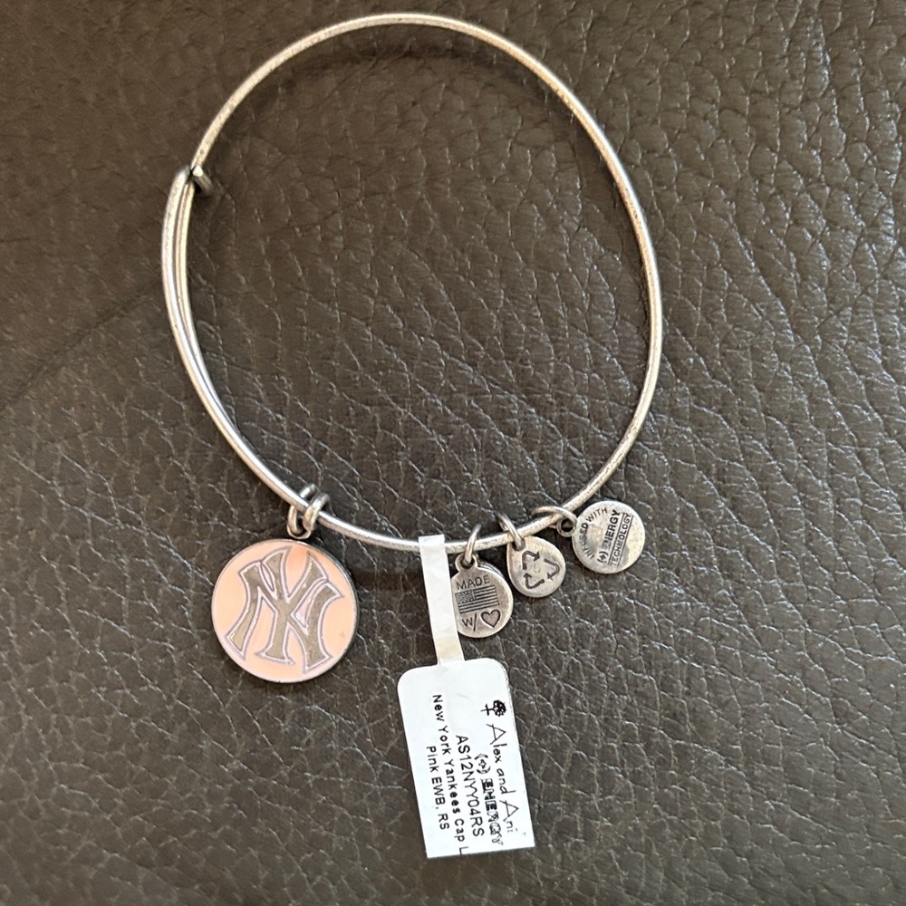 Alex and ani blush enamel pink NY Yankees charm bracelet in washed silver